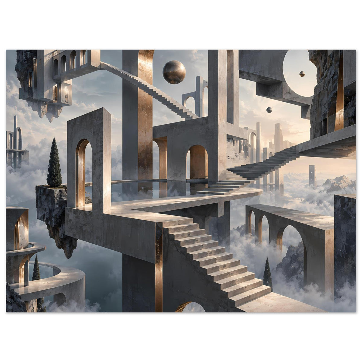 Architekturposter mit schwebender Treppe und Torbögen, goldener Bogenöffnung über Wolken