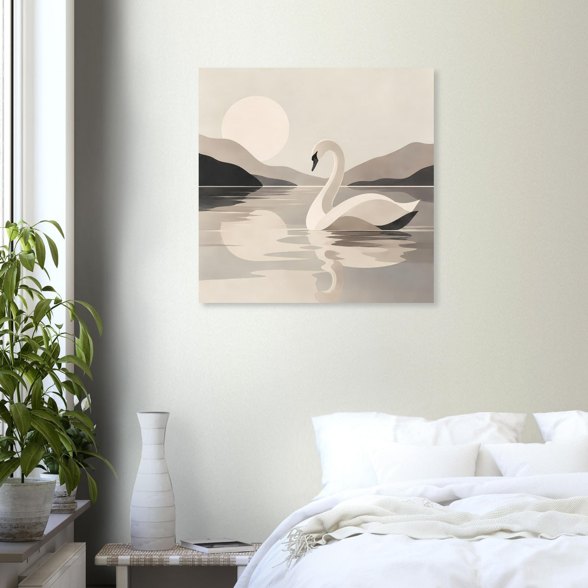 Poster mit weißem Schwan auf ruhigem See, minimalistische Landschaft im Grauton