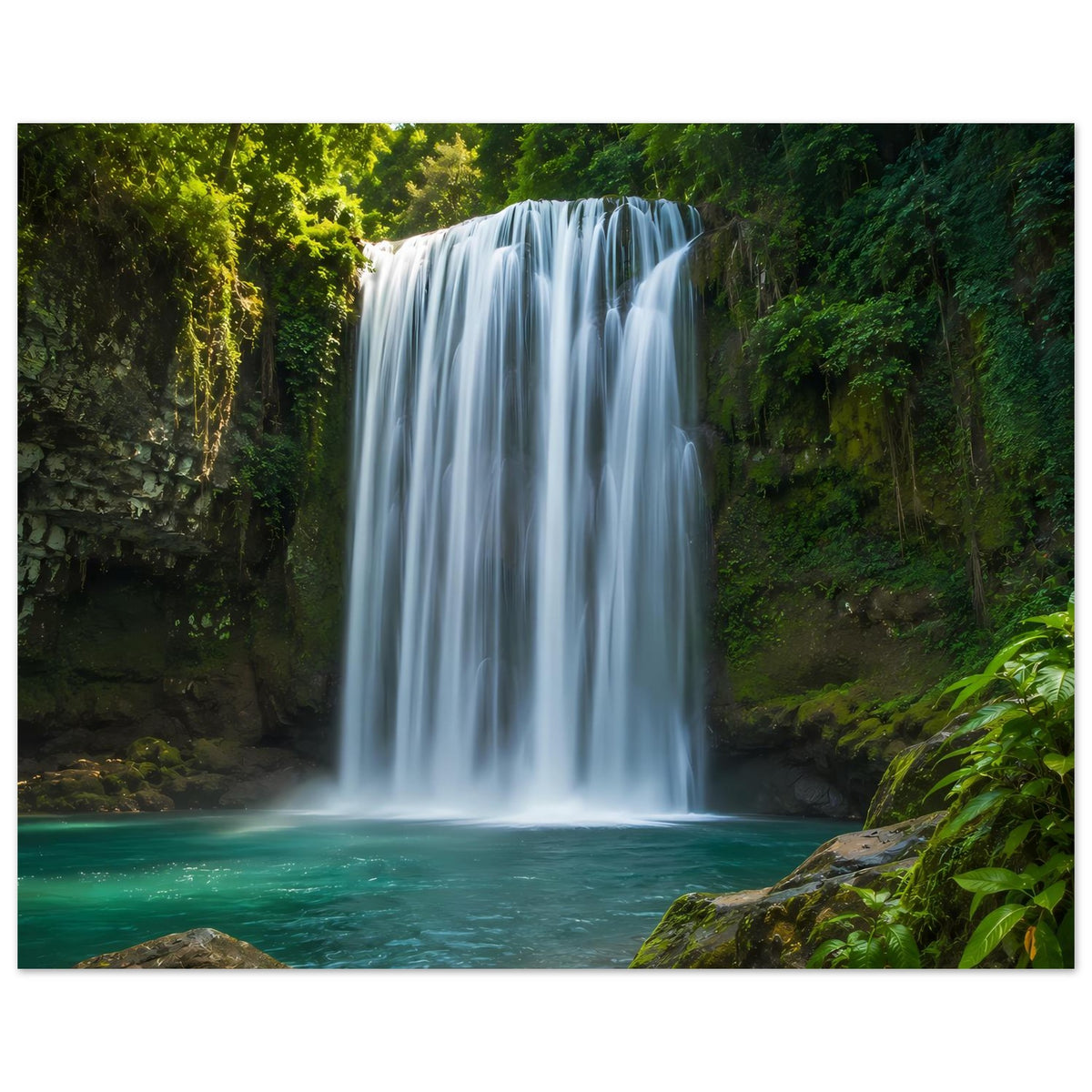 Wandposter mit Wasserfall im grünen Tal und türkisfarbenem Wasserbecken