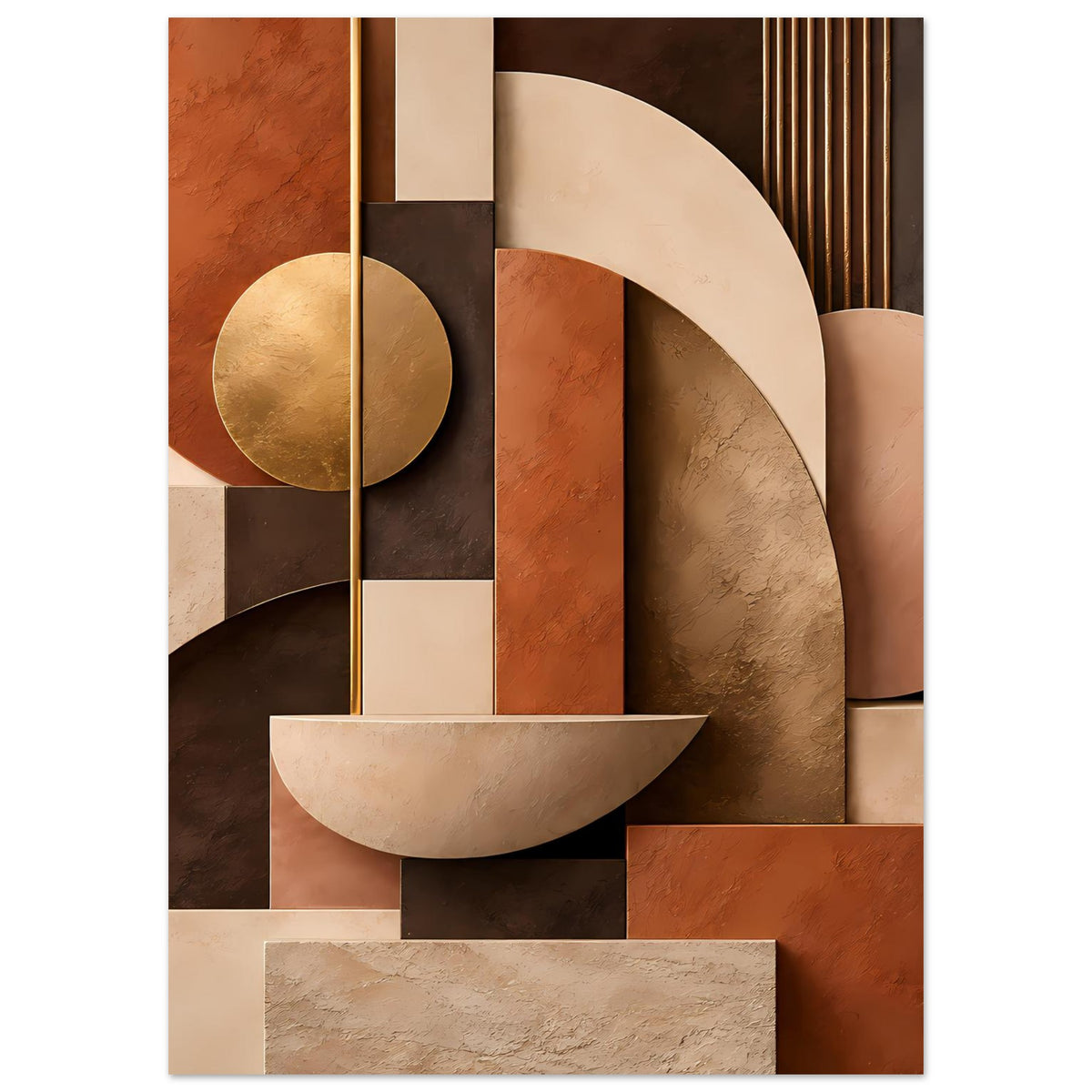 Kunstposter mit Goldkreis, Bogenformen und Blockfeldern, warmes Farbschema aus Terrakotta