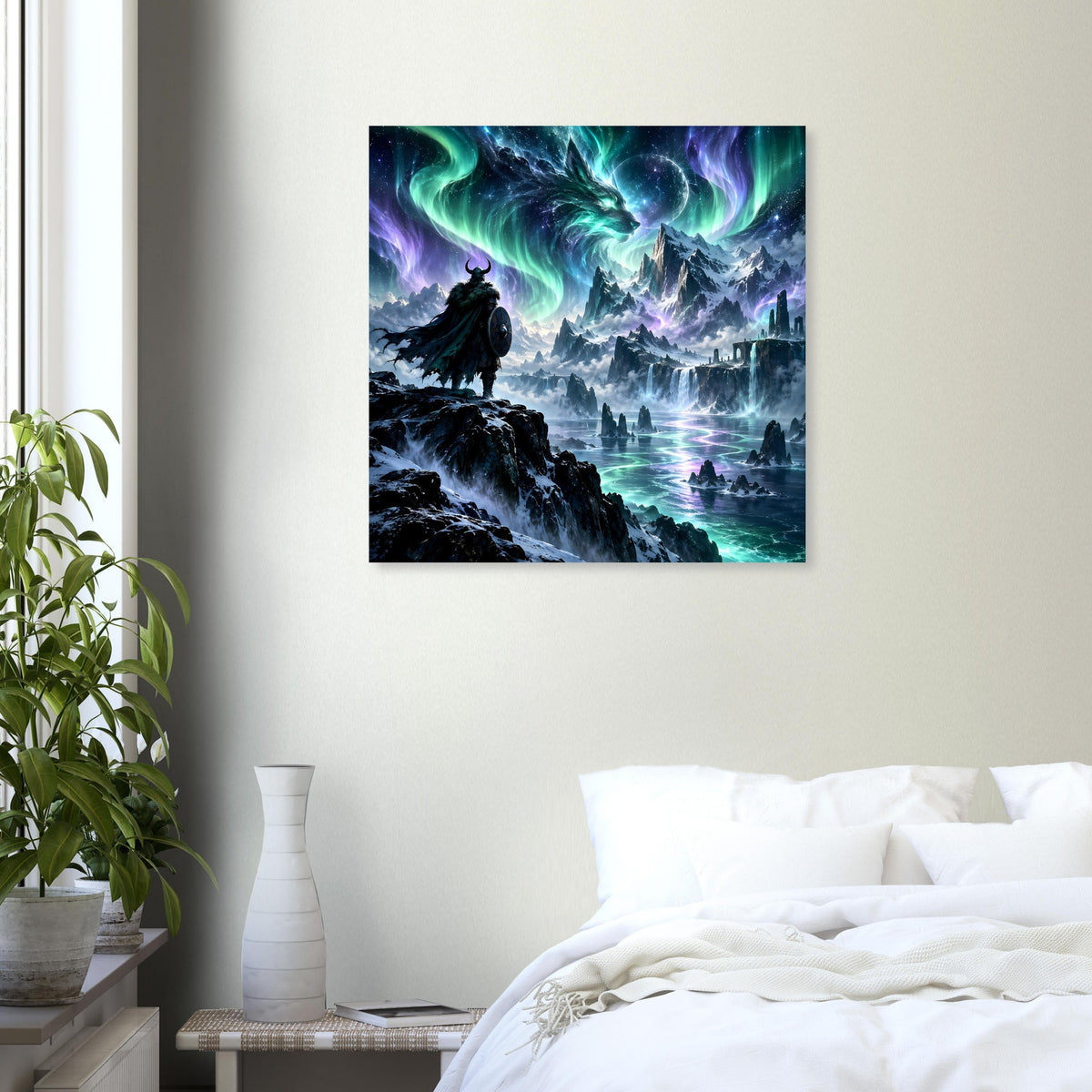 Fantasy-Poster mit Krieger-Silhouette, Drachen und Polarlicht über kühler Küstenlandschaft