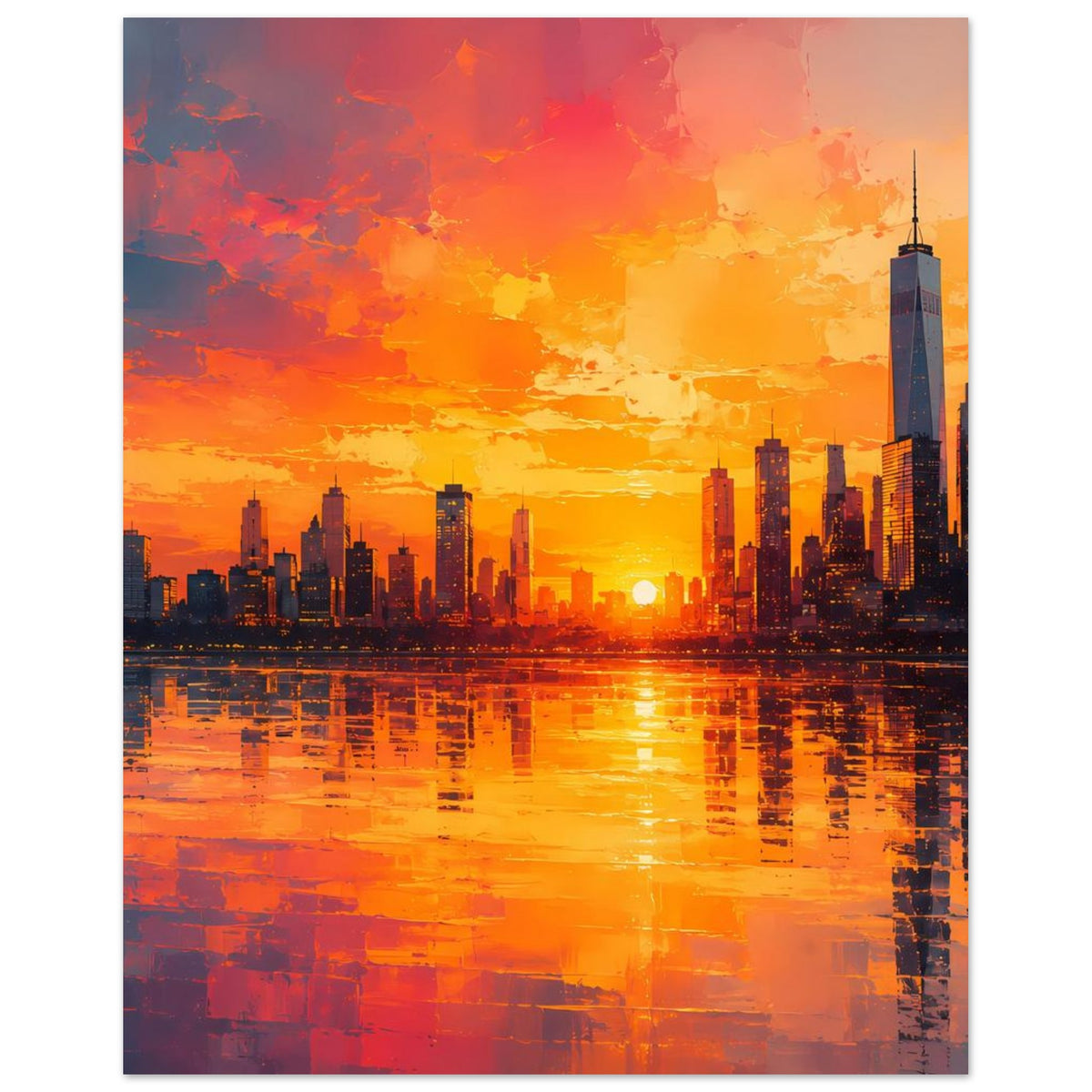 Poster mit Großstadt-Skyline bei Sonnenuntergang, Sonne über der Skyline, Reflexion im Wasser.