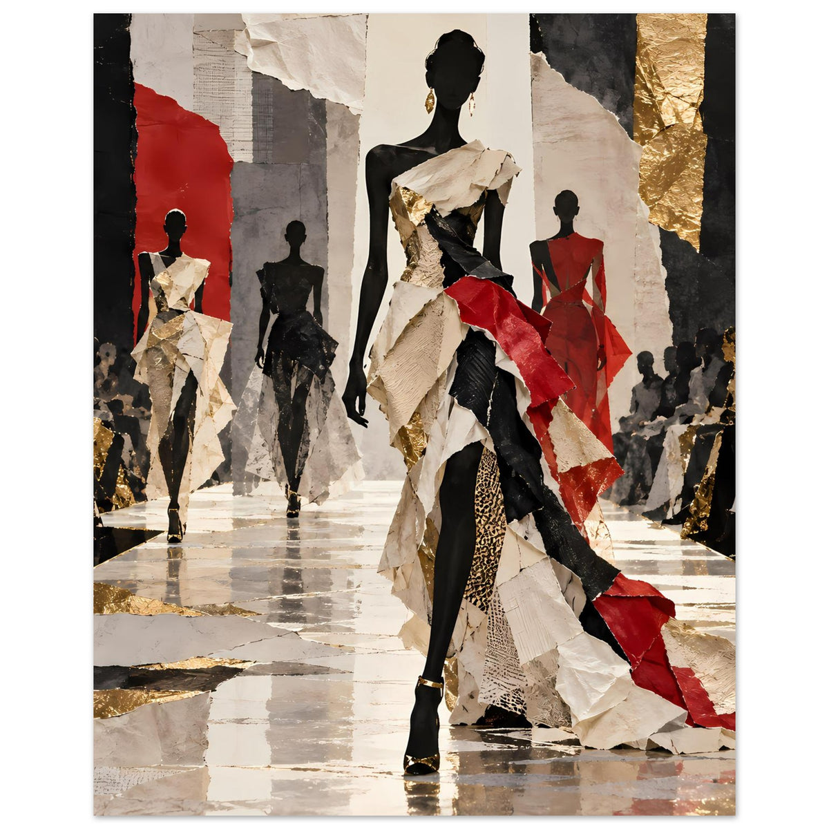 Mode-Laufstegposter im Nahbereich: Schwarz-Rot-Gold Silhouette, auffälliger Faltenmantel