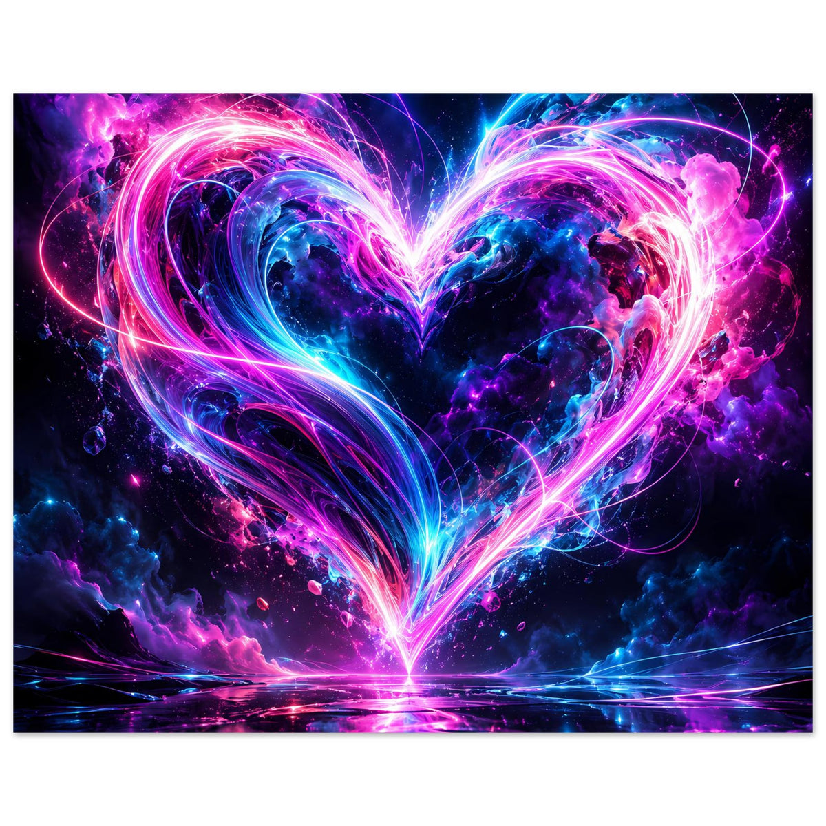 Kunstposter: Neon-Herz in Pink und Blau mit Lichtwirbeln, darunter Reflexionslinie