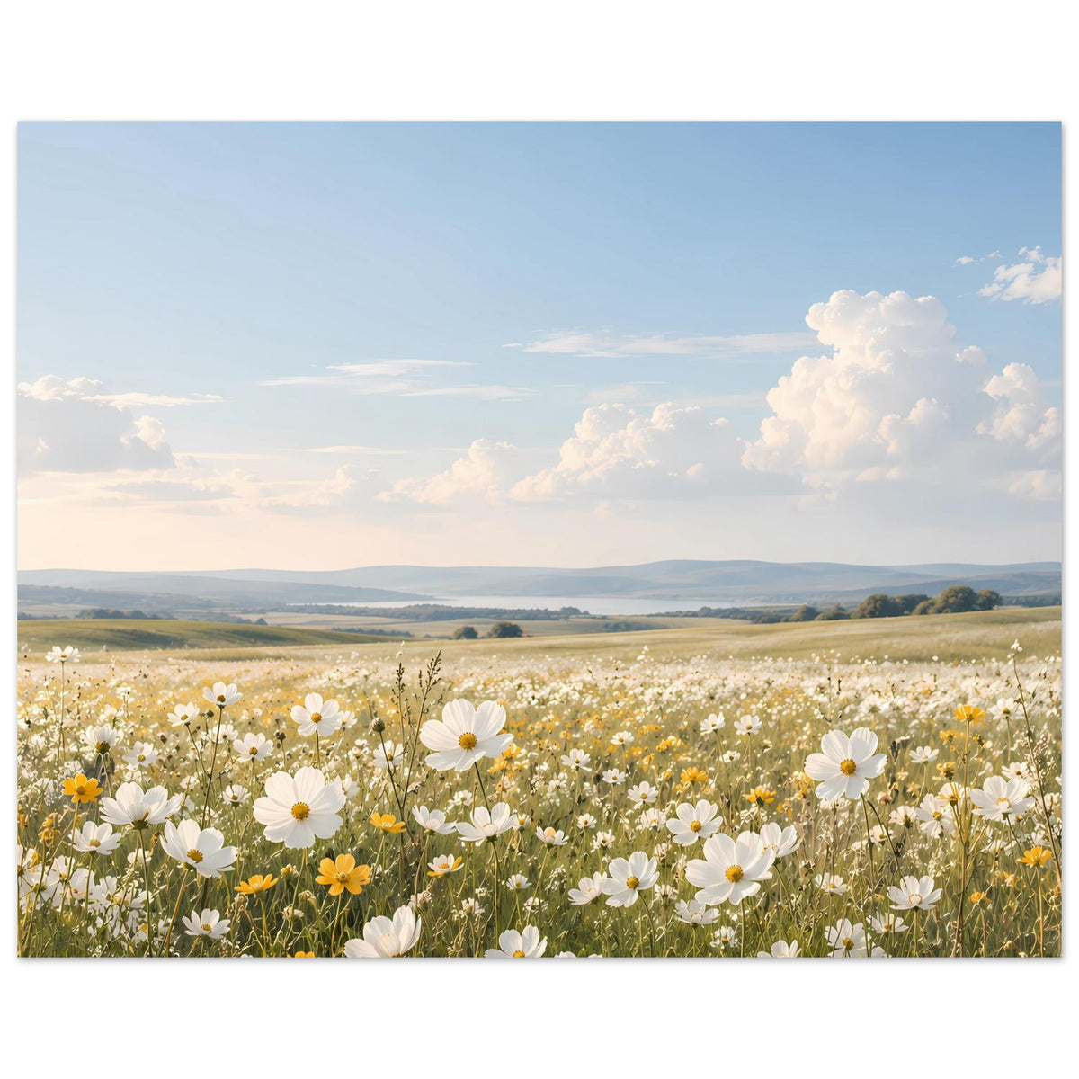 Wildblumenwiese-Poster im Querformat mit Blumenfeld, Hügeln und Wolken