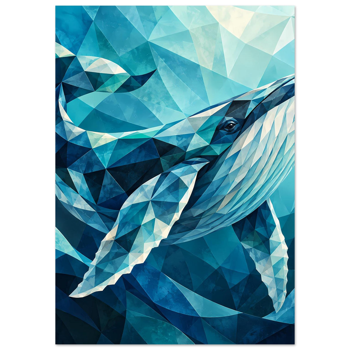 Geometrisches Blauwal-Poster mit Wal und Fluke, geometrische Farbflächen in Aquamarin