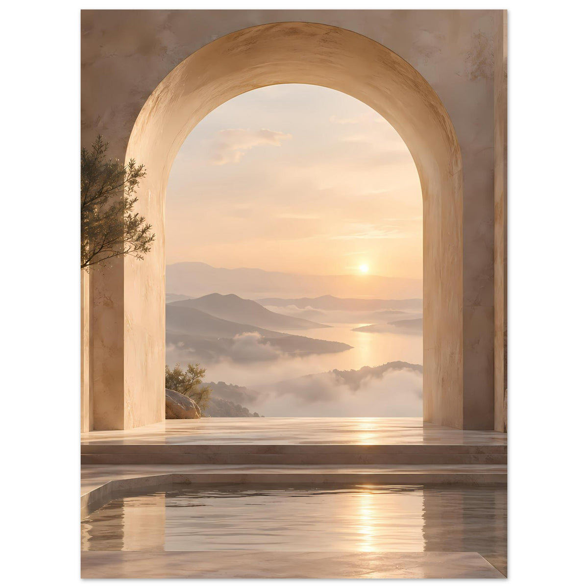 Poster mit Sonnenuntergang im Rundbogen, Berge und Nebel, Baum links und Wasserfläche