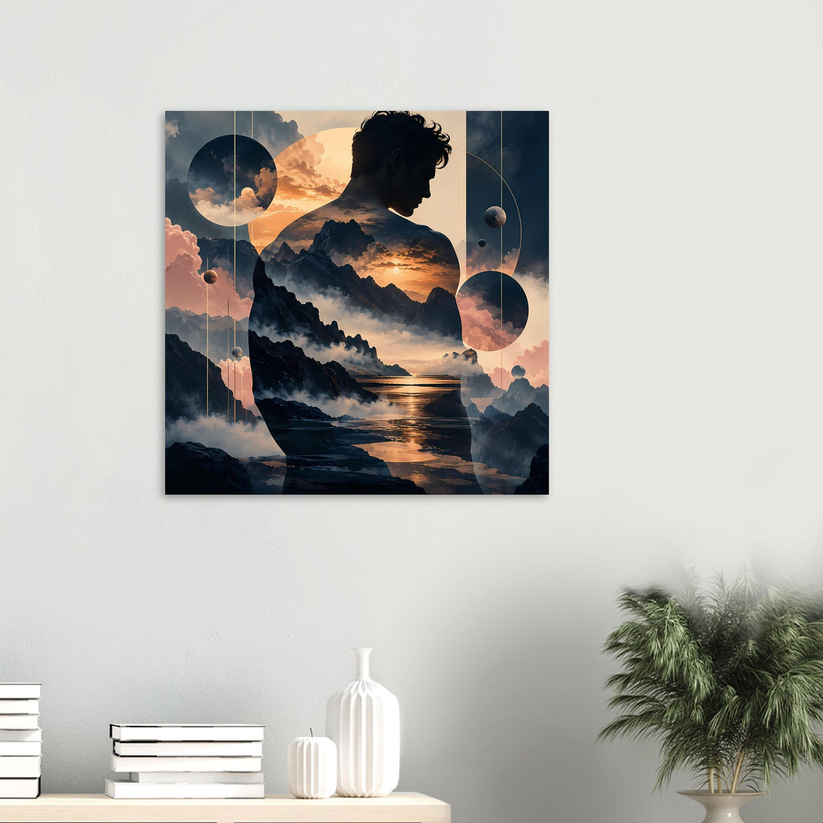 Poster: Mannsilhouette über Bergen und Küste im Sonnenuntergang, schwebende Kugeln und Kreise