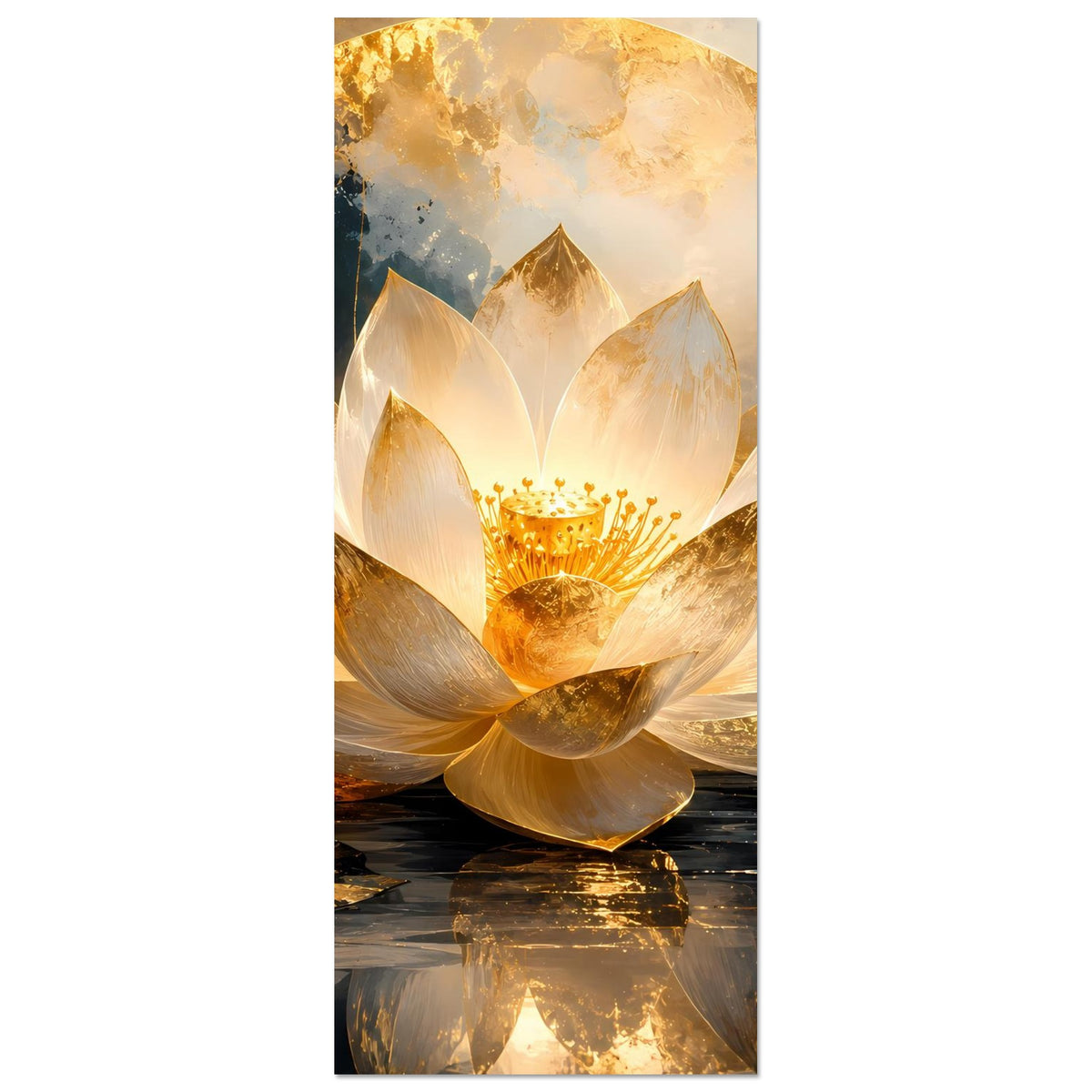 Kunstposter (Hochformat): goldweiße Lotusblüte auf spiegelndem Wasser, goldener Schimmer
