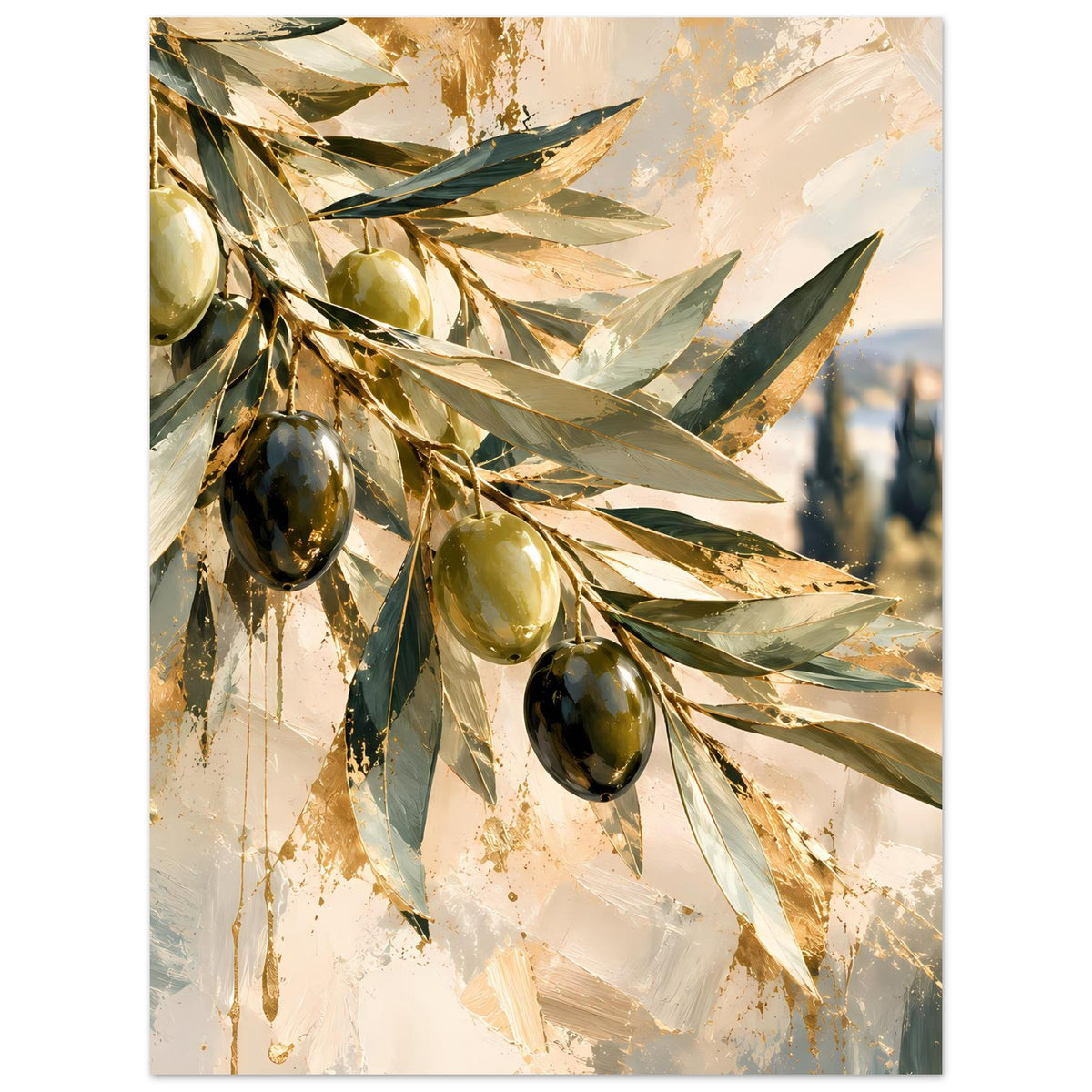 Olivenzweig-Kunstposter, detaillierte Oliven und Blätter, helle Hintergründe mit Goldsprenkeln