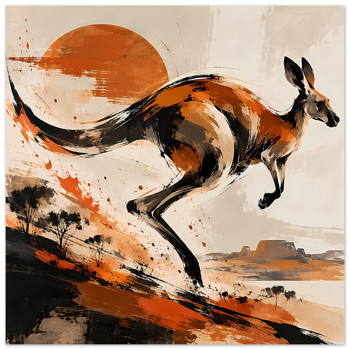 Tierposter mit springendem Känguru, abstrakte Pinselstriche in Schwarz, Braun und Orange