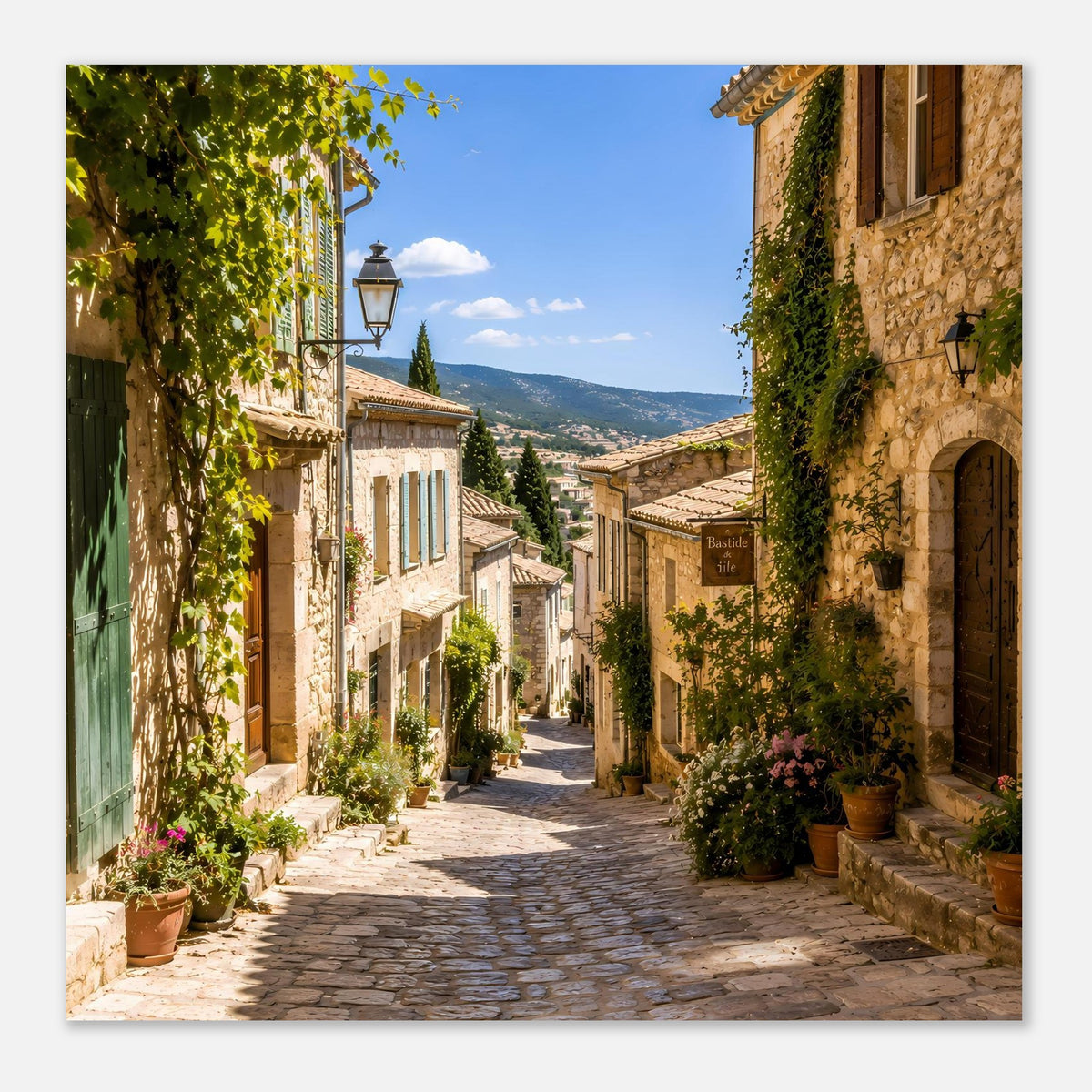 Wandposter mit mediterraner Gasse zwischen alten Steingebäuden und Blumenkübeln