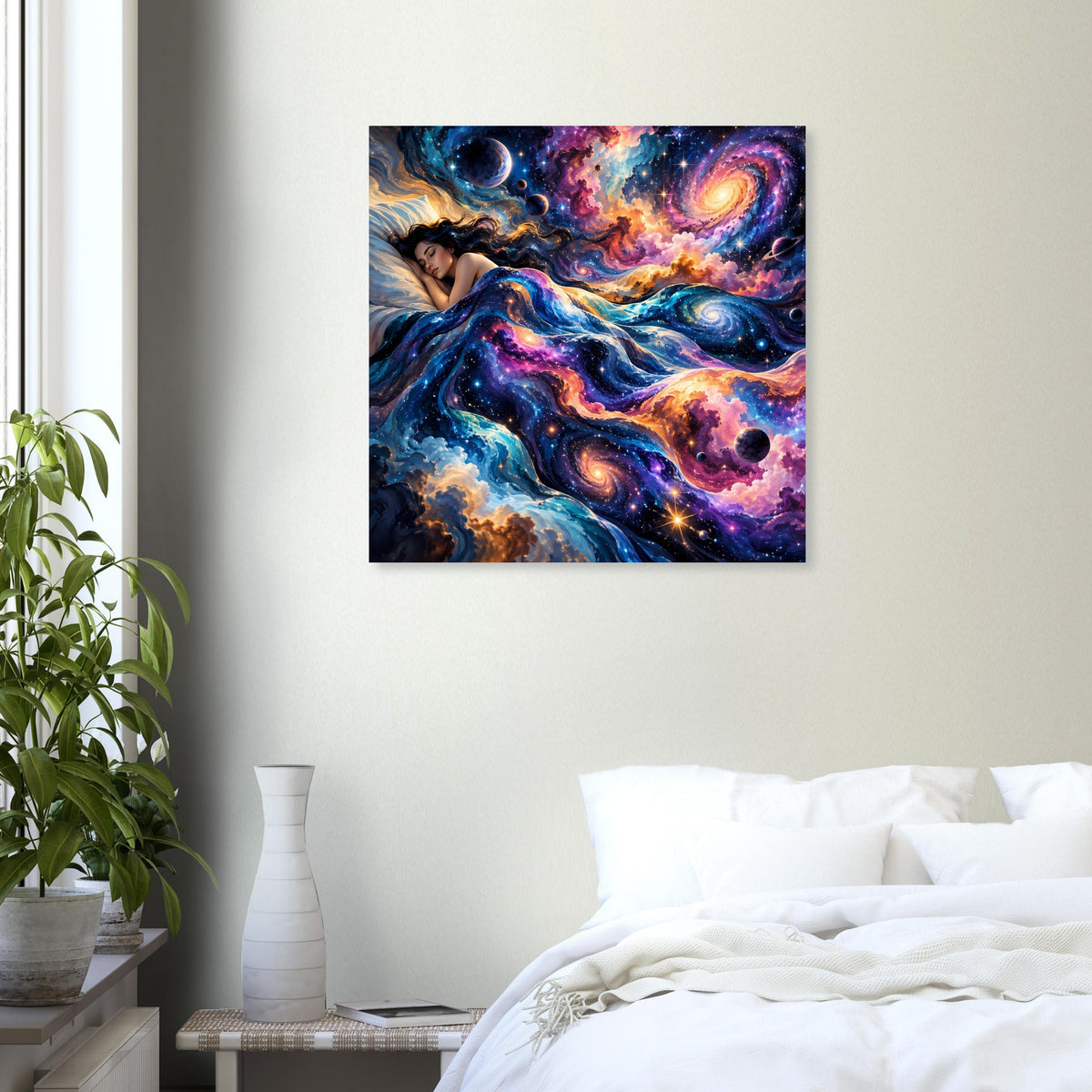 Quadratisches Galaxieposter mit Planetensymbolen und schimmernden Strömungen in Blau und Lila.