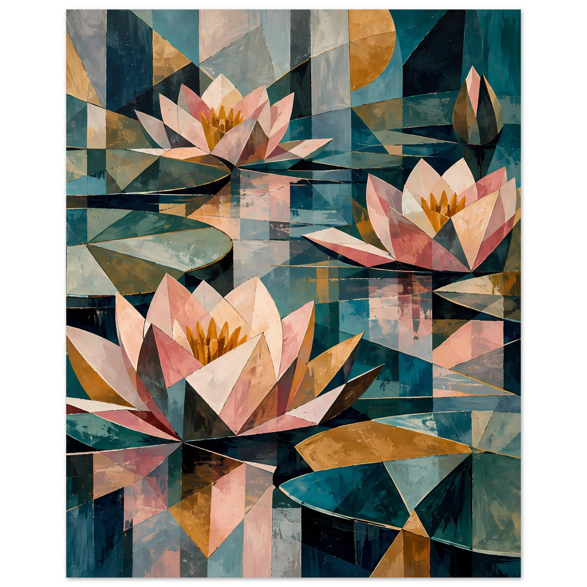 Geometrisches Blumenposter mit Seerosenblüten und geometrischen Formen in Petrol und Beige