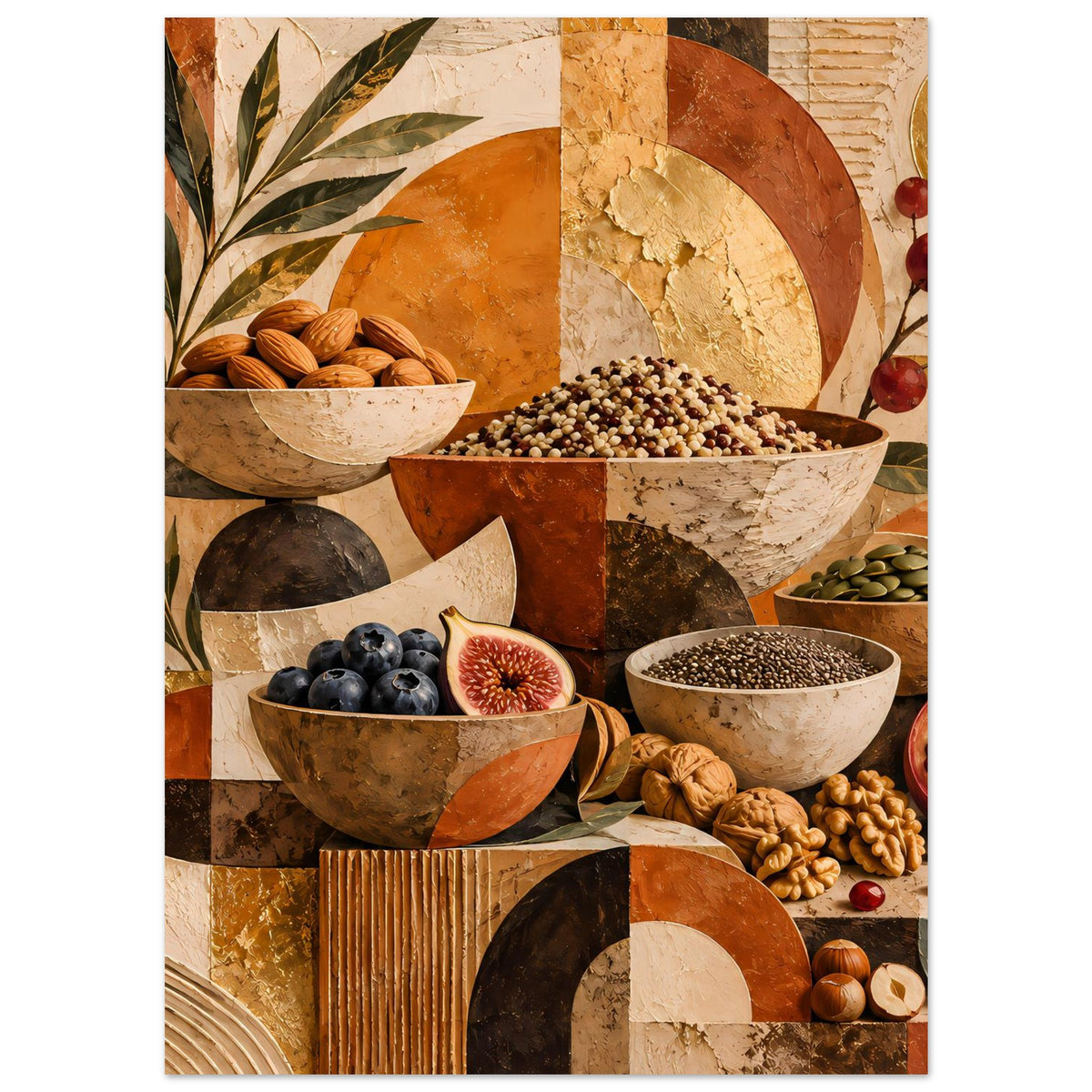 Poster-Print mit Schalen und Früchten: Nüsse, Beeren und Kräuter in warmen Erdtönen