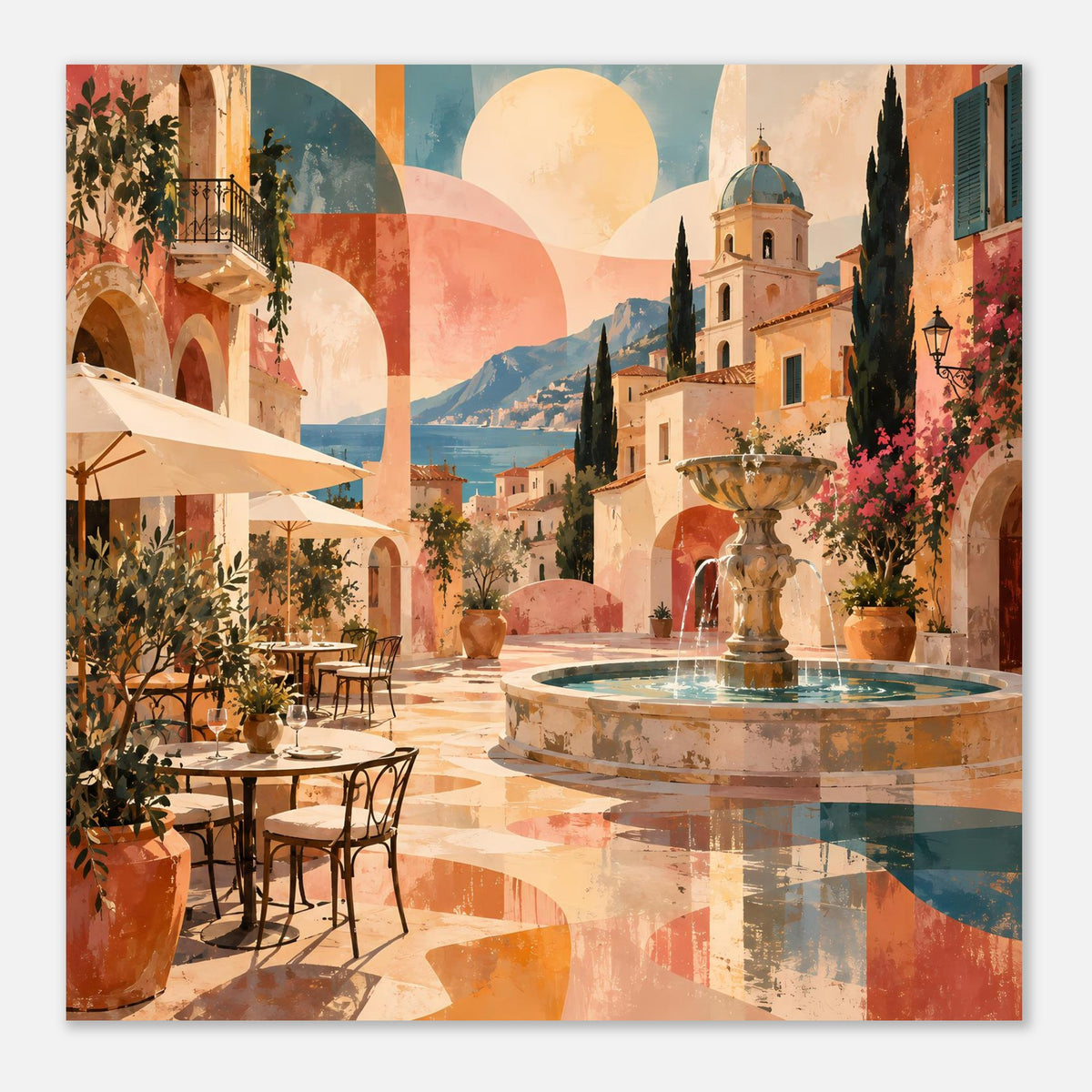 Poster mit mediterraner Terrasse: Brunnen, Arkaden und Gebäude in warmen Farbtönen