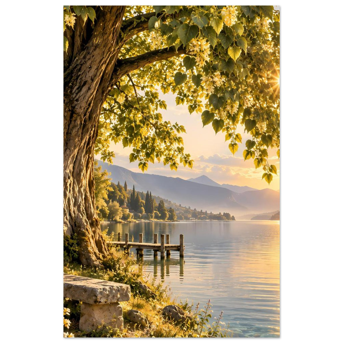 Poster mit Blick auf alten Baum, Seeufer und Holzsteg, warme Abendstimmung