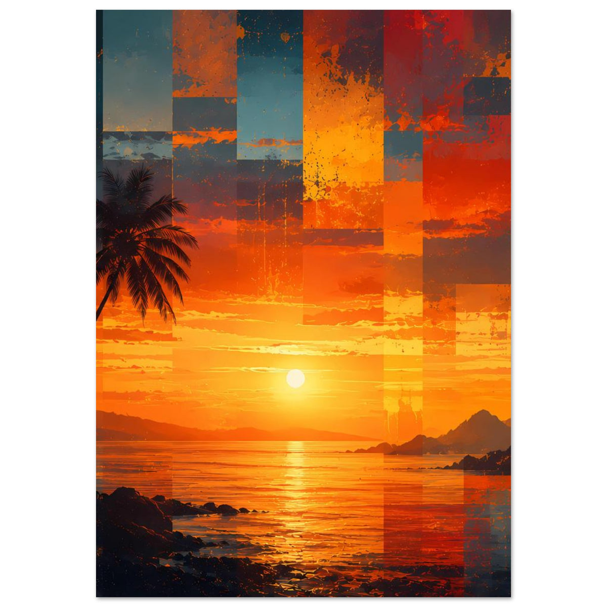 Vertikales Poster: tropischer Sonnenuntergang mit Palme, orange Himmel und Patchwork
