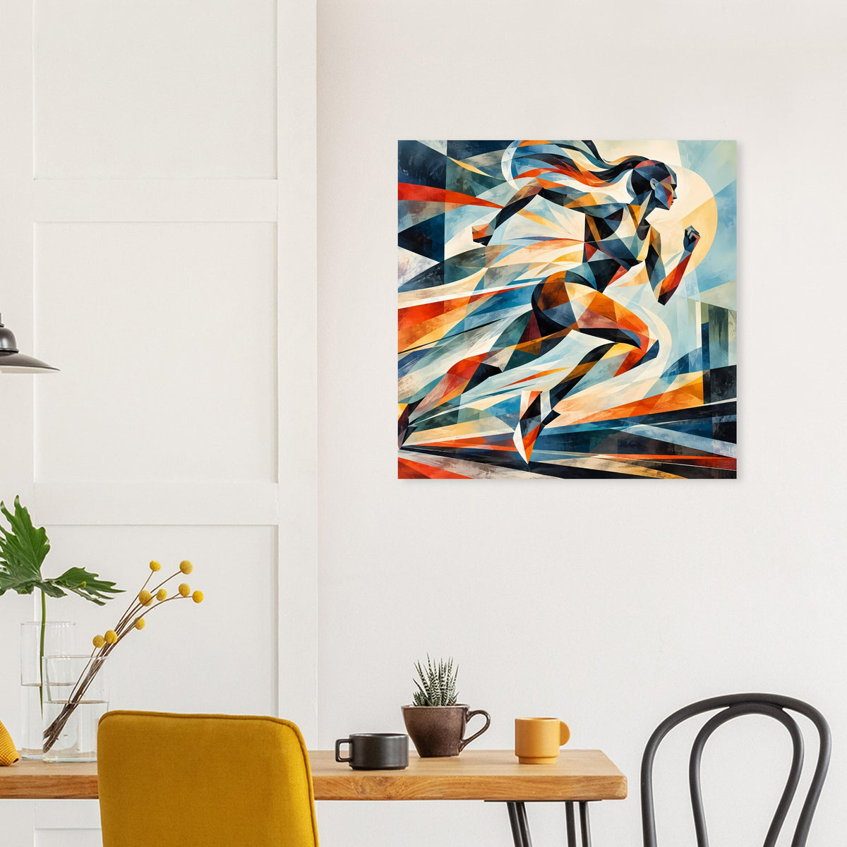 Gerahmtes abstraktes Poster mit Figur in Bewegung, Farbverläufe in Blau, Weiß und warmem Orange.