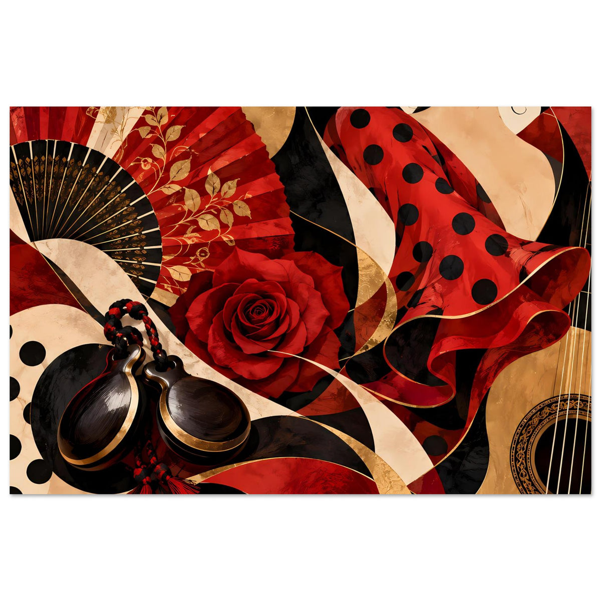 Flamenco-Eleganz Poster: Fächer links, rote Rose, Polka-Dots und Girlande im Gesamtdesign