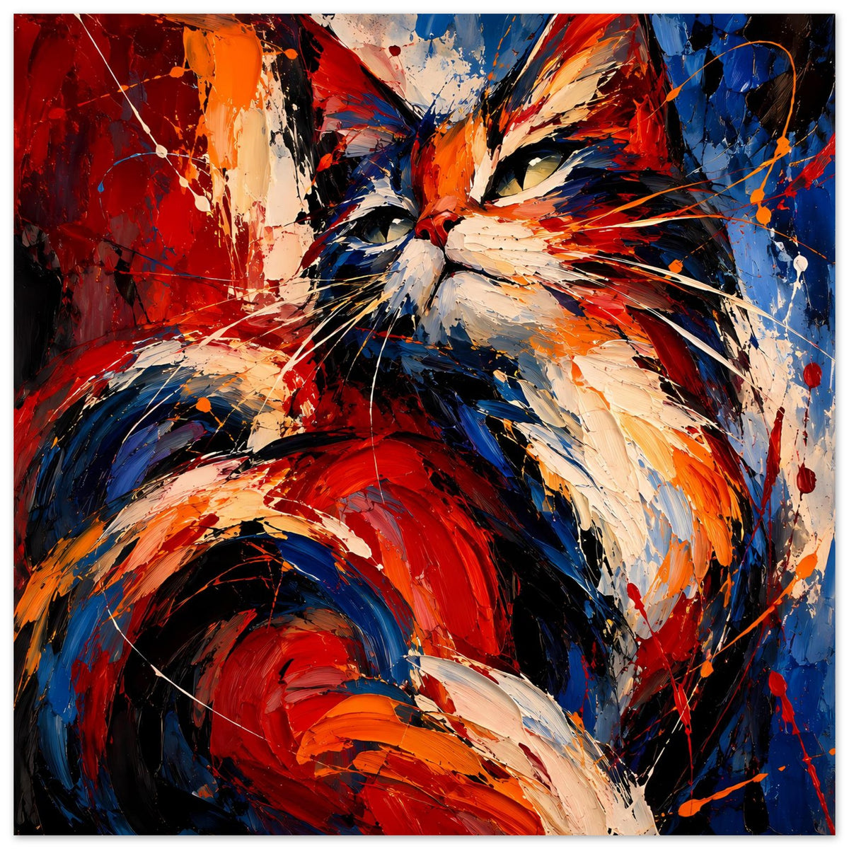 Horizontales Katzenposter, abstrakter Kopf: dunkle Linien und Sprühspuren in Rot und Blau