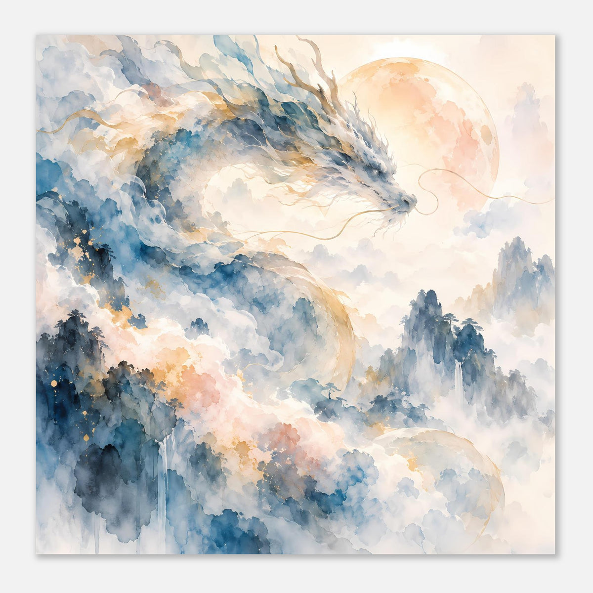 Aquarellposter mit Drachen und nebligen Bergen, Himmel mit Mond im Hintergrund, querformat