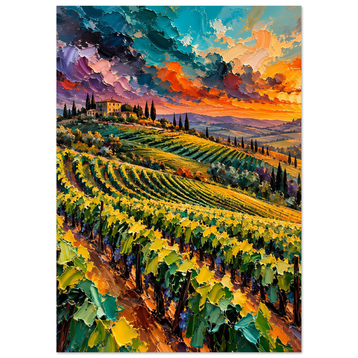Landschaftsposter im Hochformat mit Weinreben, weiten Hügeln und orangefarbenem Abendhimmel