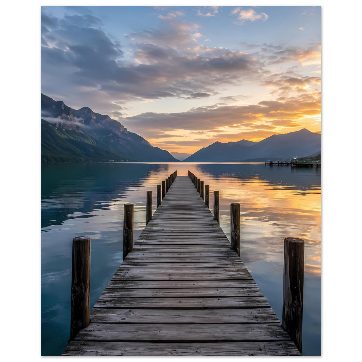 Poster im Hochformat mit Holzsteg am See, Sonnenuntergang über Bergen, matte Premium-Papieroptik