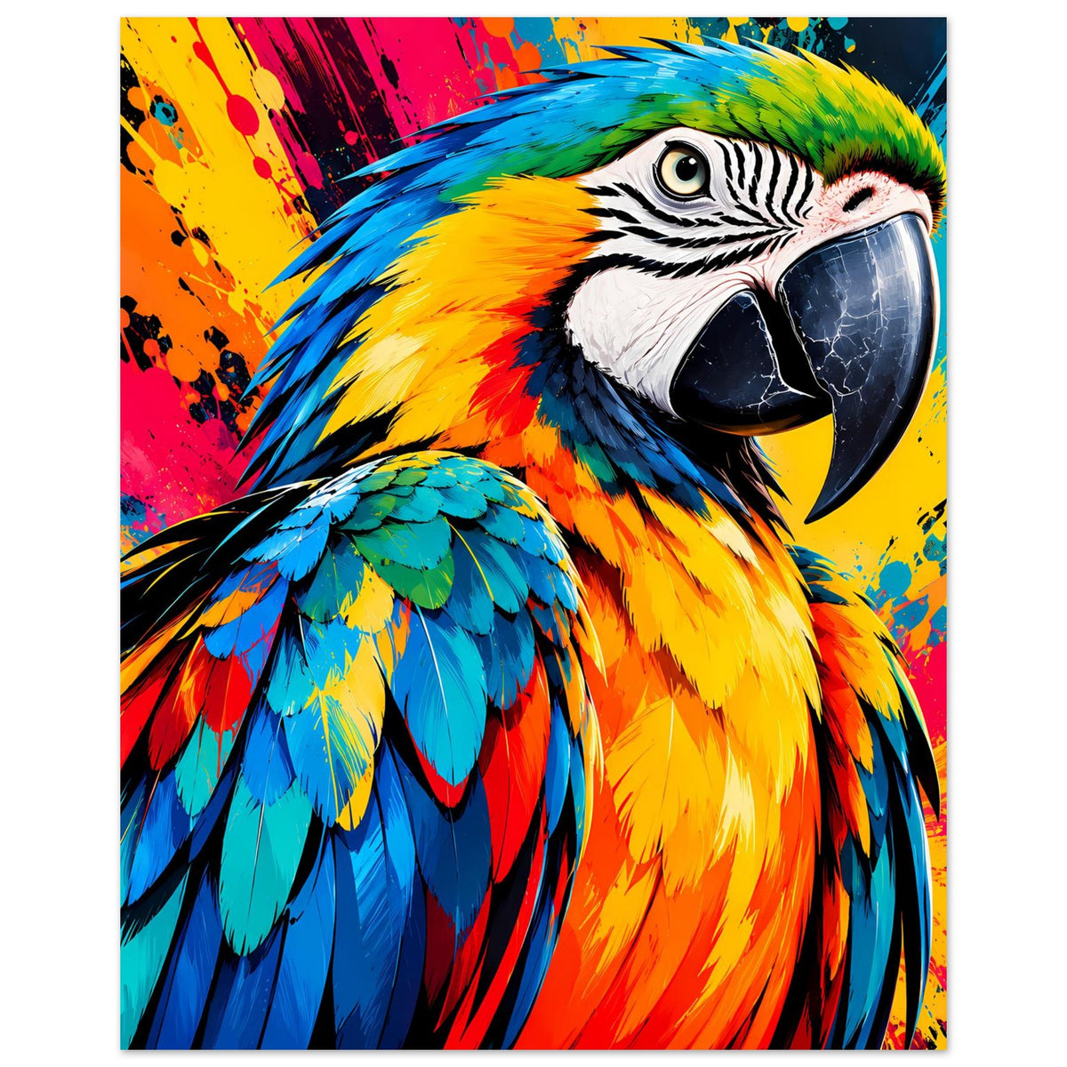 Kunstdruck-Poster Hochformat: Papagei mit Regenbogenfedern, großer Schnabel