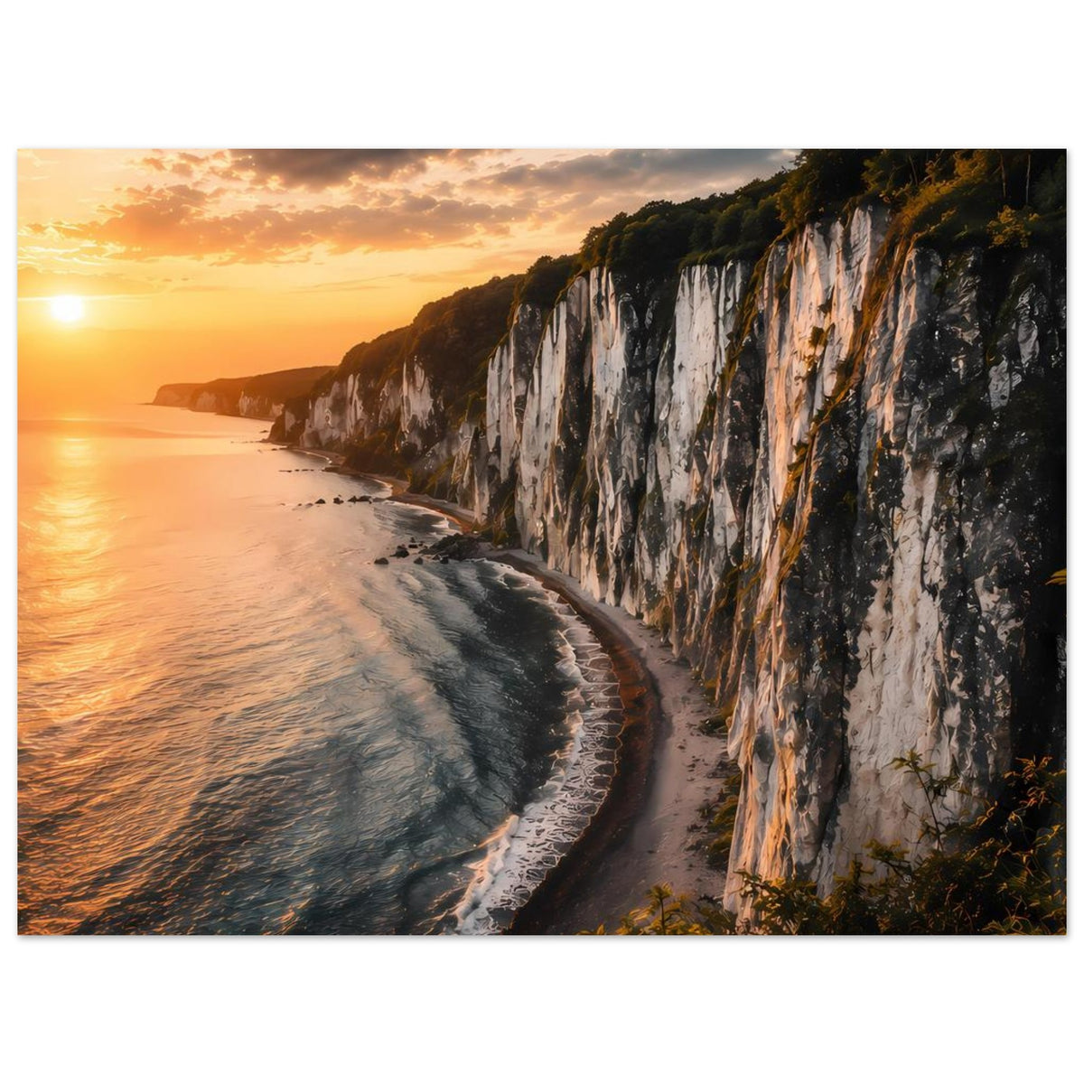 Poster mit Küstenpanorama: Meer, Strand und hohe, zerklüftete Felswand