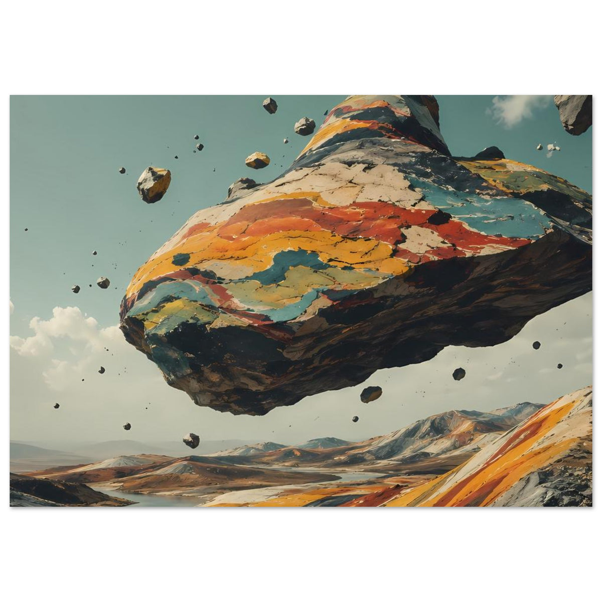 Horizontales Poster mit schwebendem Berg, bunte Gesteinsflächen und Trümmer im Flug
