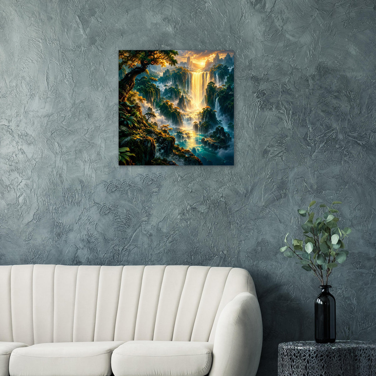 Quadratisches Poster mit Fantasy-Landschaft und goldenem Wasserfall an grauer Wand