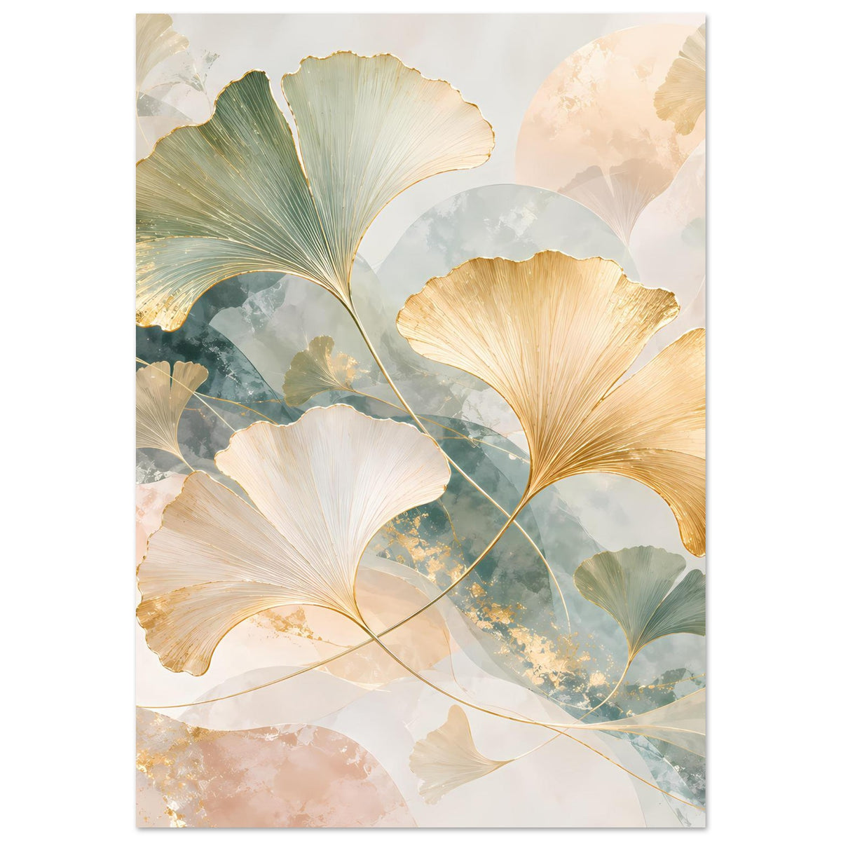 Quadratisches Poster mit Ginkgo-Blättern in Pastellfarben und feinen Goldakzenten