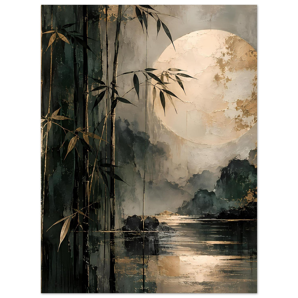 Naturposter im Hochformat mit Bambusstämmen links, Mondsichel rechts oben und Wasserreflexion
