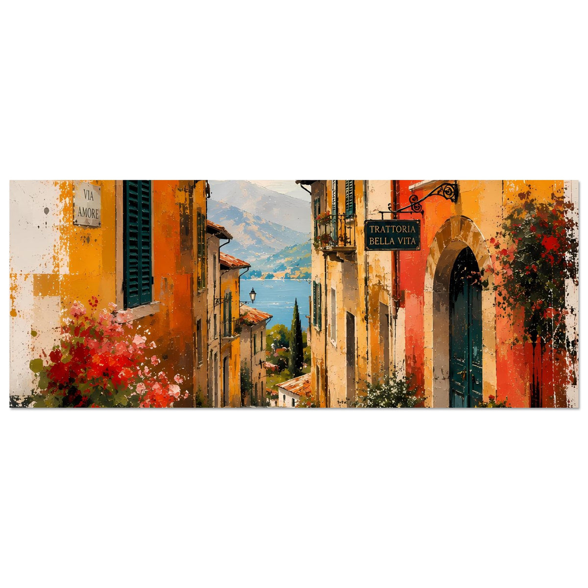 Mediterranes Wandposter Querformat: Straßenflucht zwischen Gebäuden in Orange und Rot, Blumen