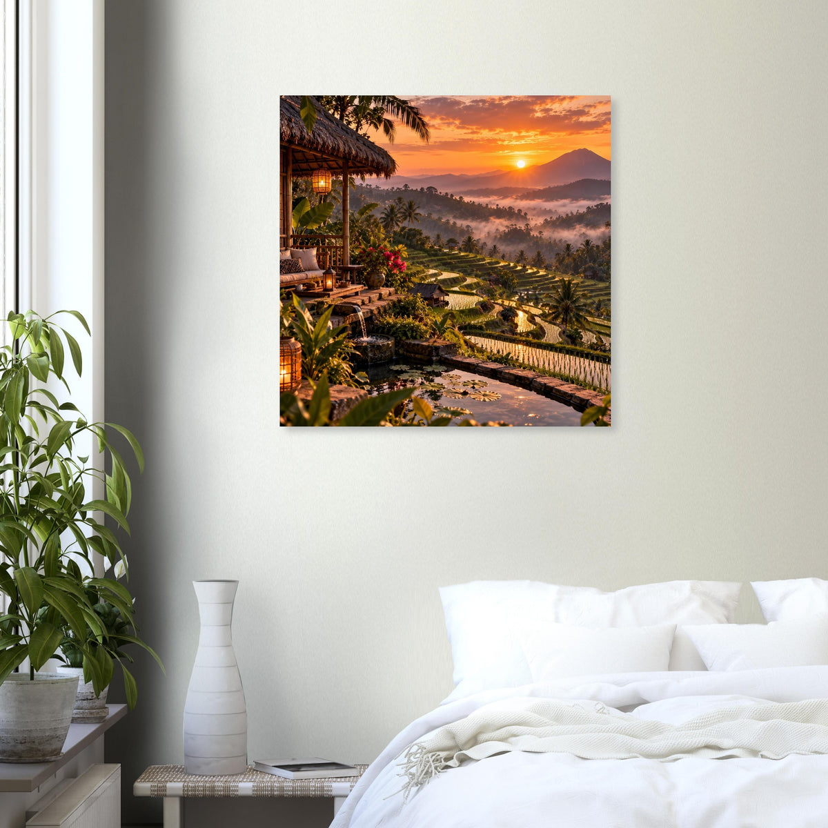 Poster mit Reisterrassen, tropischer Hütte und untergehender Sonne im Dunst