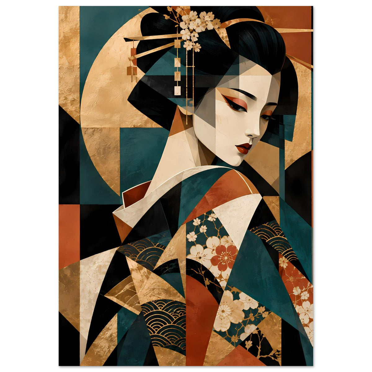 Kunstposter im Hochformat: Geisha mit floralen Kimonomustern, türkisem Schal und Goldfächer