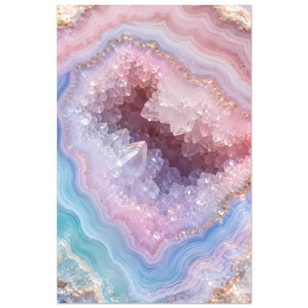 Poster mit Kristallgeode: rosa-violette Druse, türkisblaues Band und goldener Randkante