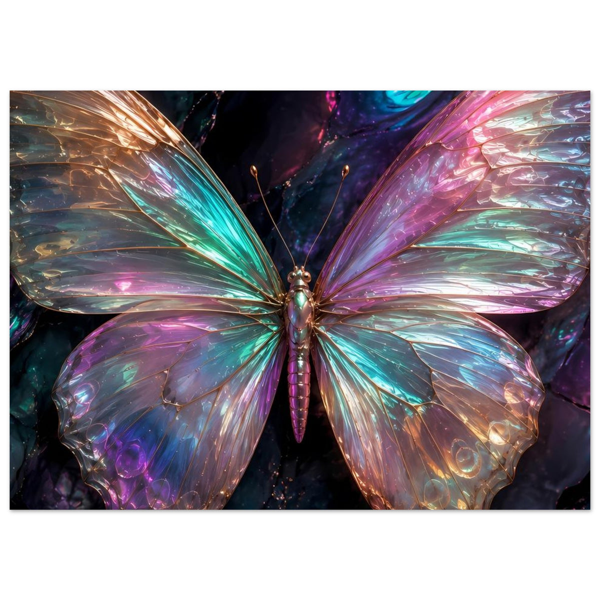 Schmetterlingsposter im Hochformat mit zentralem Schmetterling und schimmerndem Flügelglanz