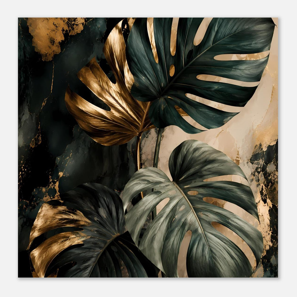 Nahansicht: gerahmtes Poster mit dunkelgrünen Monstera-Blättern und goldenen Akzenten.