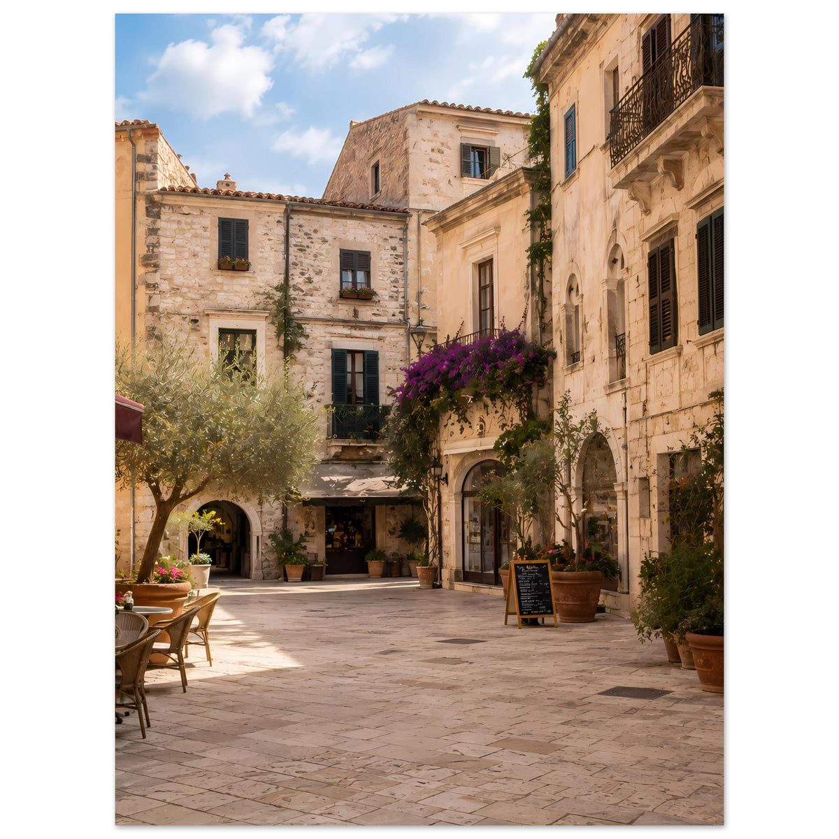 Poster mit mediterranem Altstadtplatz, Steinhäusern und Café-Tischen