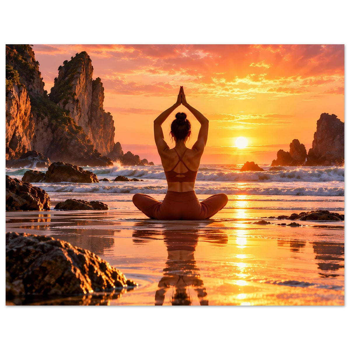 Yoga-Poster im Querformat: Person im Lotussitz mit erhobenen Armen bei warmem Sonnenuntergang.