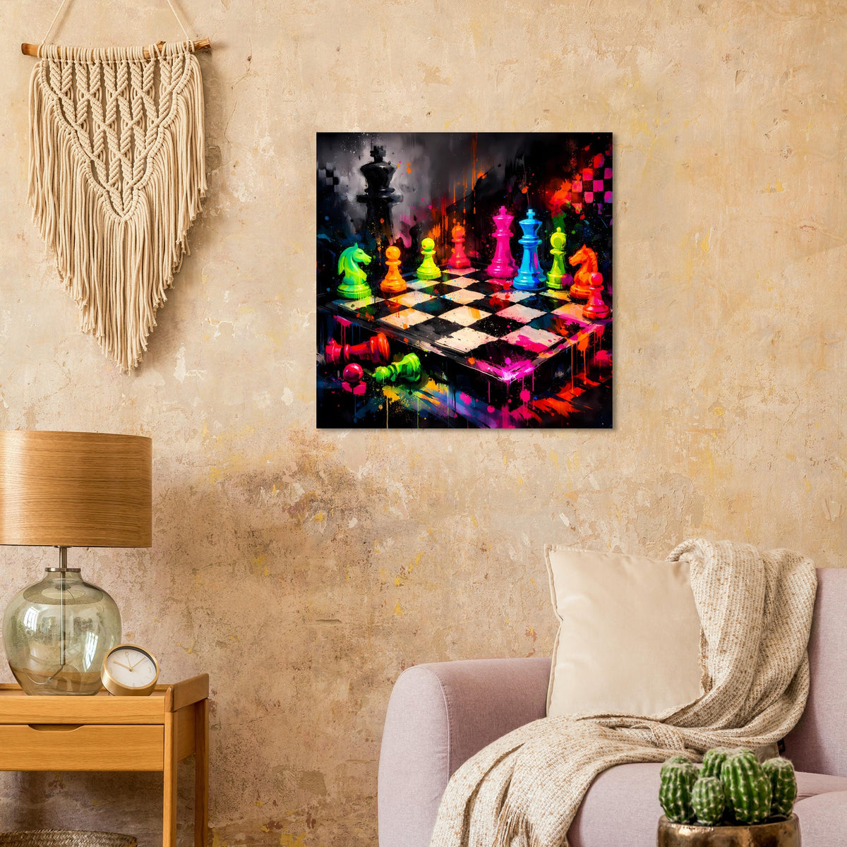 Quadratisches Schachposter mit bunten Neon-Schachfiguren auf gesprenkeltem Schachbrett.