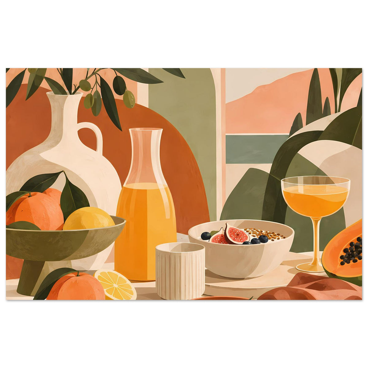 Still-Life-Poster mit Vase, Orangen, Zitronen, Schüssel, Oliven und Orangensaftglas