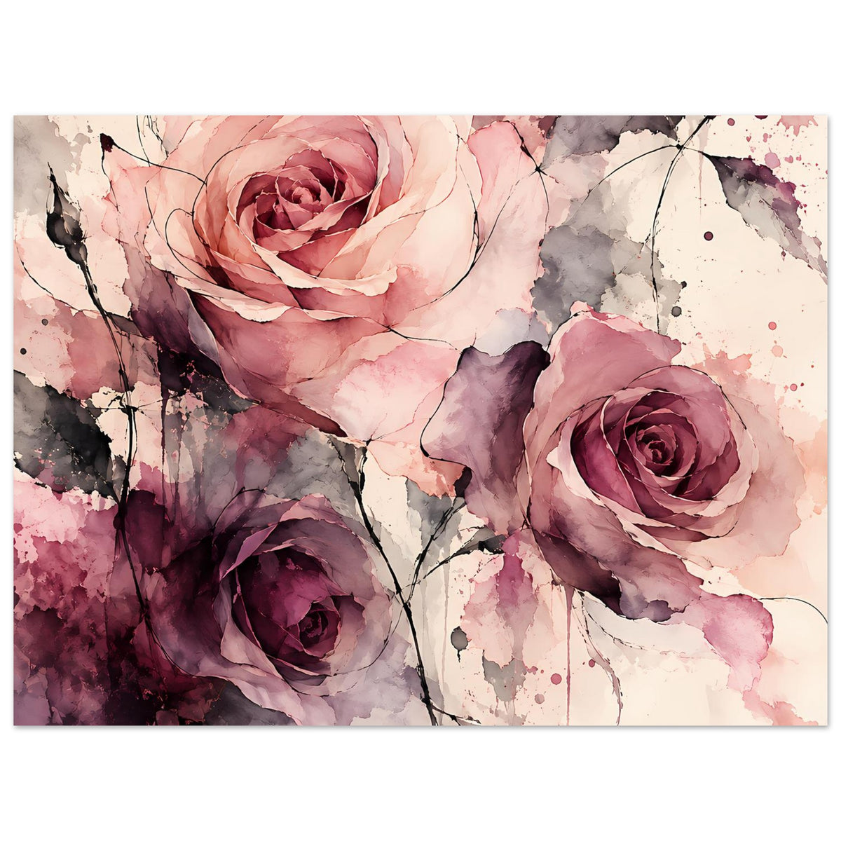 Wasserfarben-Rosenposter mit vierfarbiger Palette: rosa, pflaume, grau, schwarz
