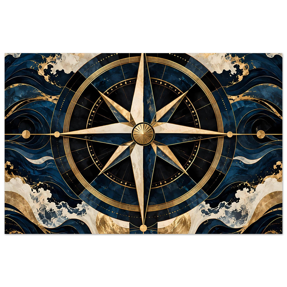Maritimes Navigationsposter mit Kompassrose, goldenen Linien, Blau und Gold, horizontal