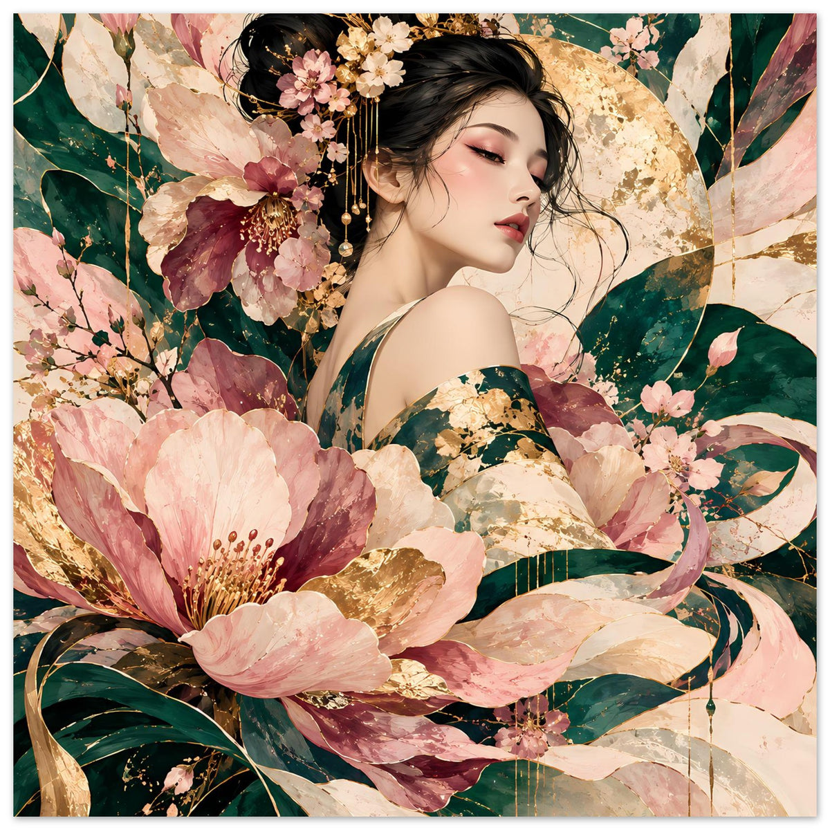 Elegantes Poster mit floraler Frauenporträt-Illustration in Rosé, Grün und Gold