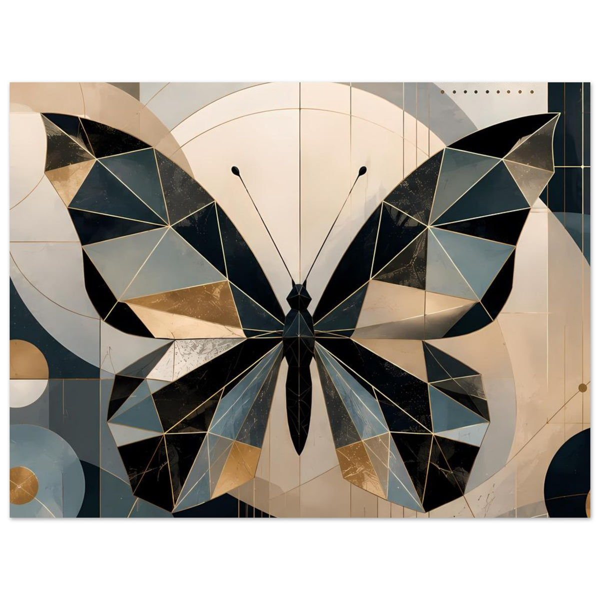 Geometrisches Schmetterlingsposter im Querformat: Petrol, Gold und schwarze Facetten.