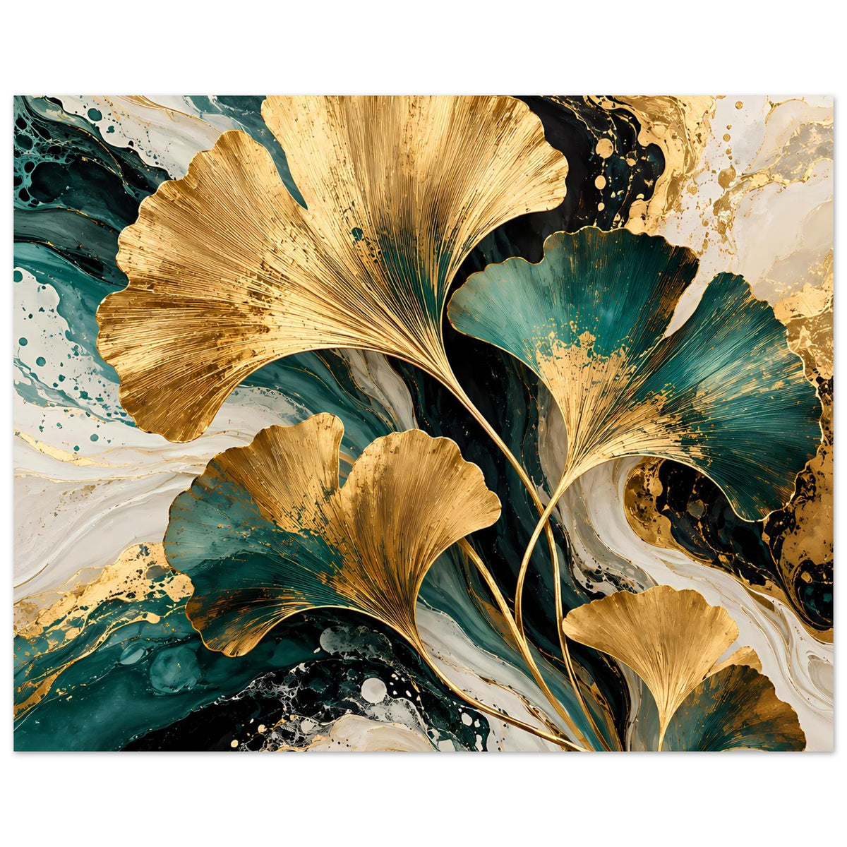 Horizontales Naturposter: goldene Ginkgo-Blätter auf türkis-grünem Farbwirbel mit Gold