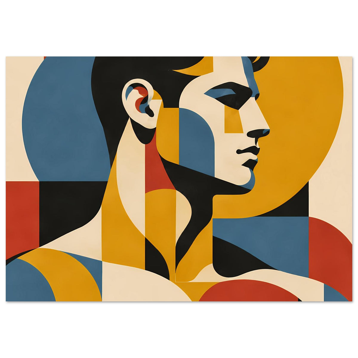 Bauhaus-inspiriertes Porträtposter (horizontal): Frauenprofil mit gelbem Kreis und roten Akzenten